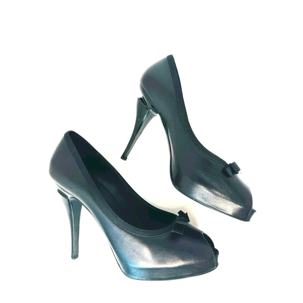 Chanel Classic Vintage Black Leather Peep Toe Bow Stiletto Pumps Heels EU 39.5